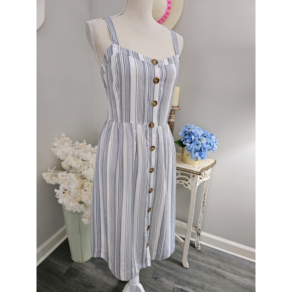 Girly Loft White Blue Striped Fit Waist Front Button Strapy Dress